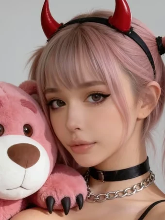 Porträt von Itsumi, einer KI-Figur des Anbieters GoLove: rosa Haare, Hörner-Haarreif, rosa Plüschbär im Hintergrund.